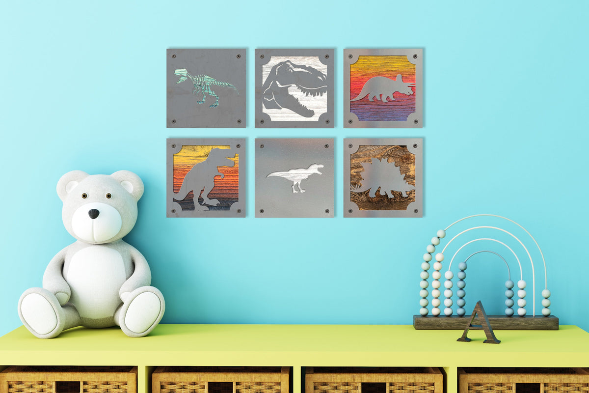 T-Rex Dinosaur Metal Wall Art on Reclaimed Wood, Dino Nursery Decor, Kids Room, 5.5 Inch Square Steel Sign, Dinosaur Gift