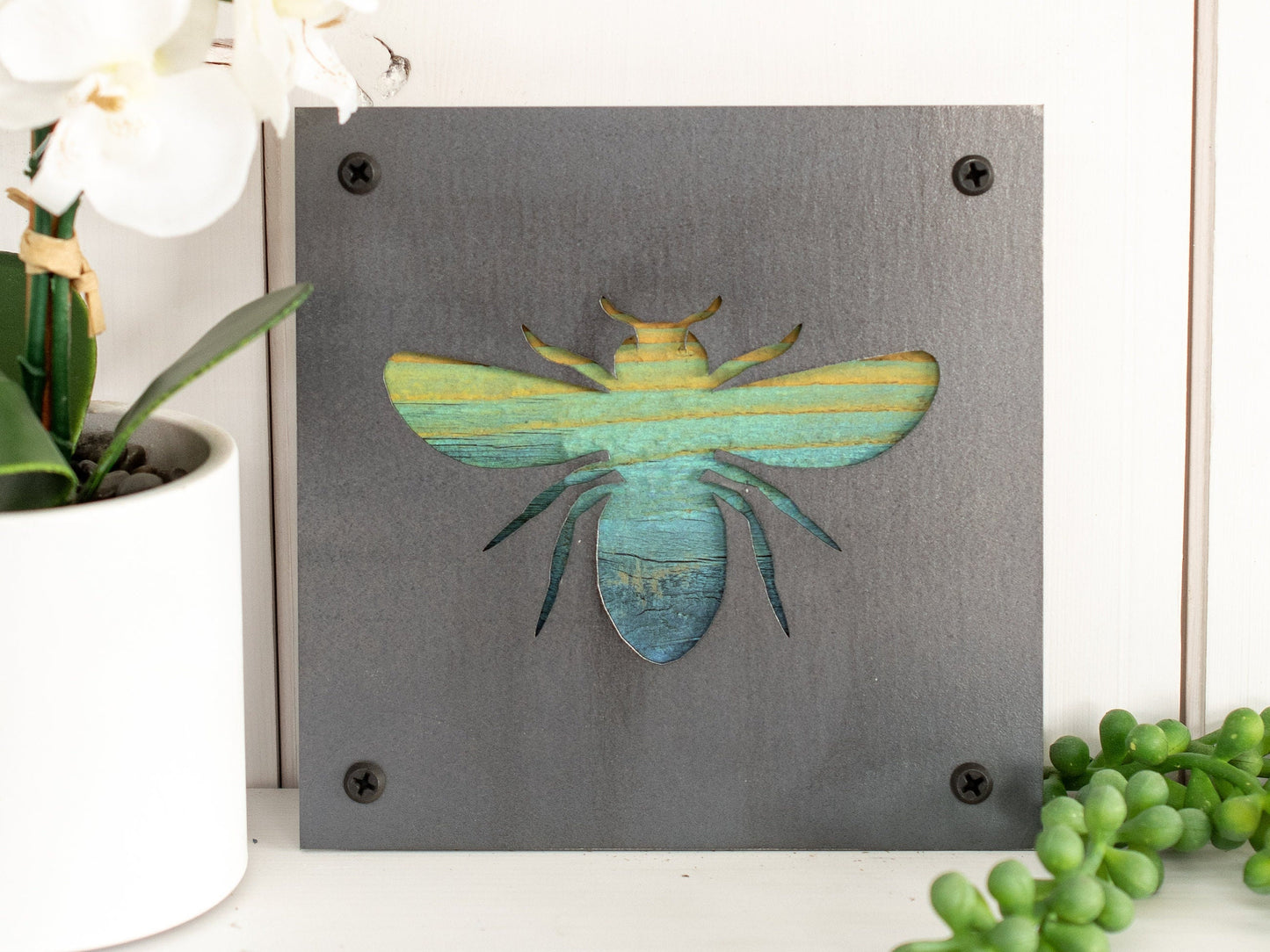 Honey Bee Metal and Wood Home Decor, Small Sustainable Gift