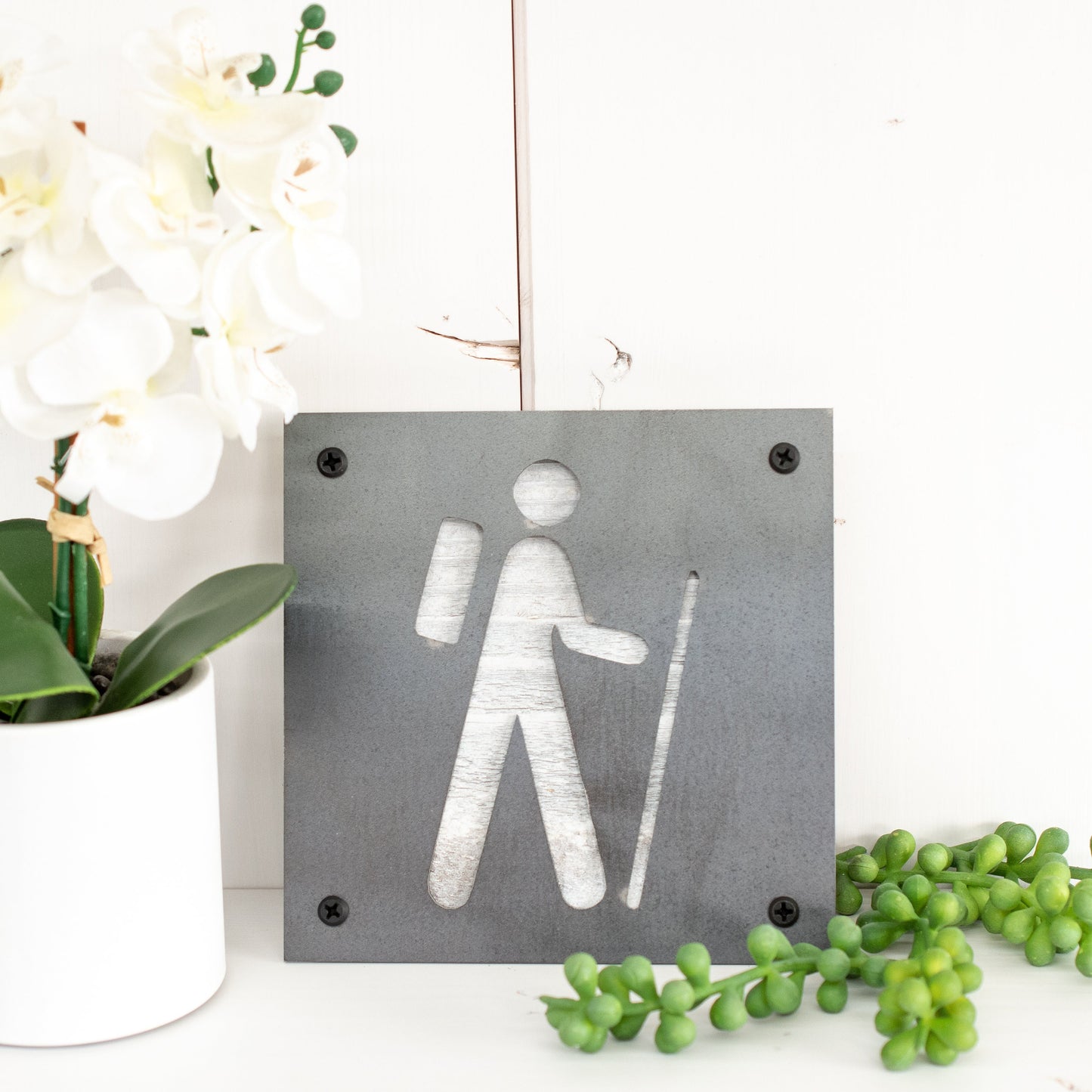 Hiking Sign, Reclaimed Wood and Metal Hiker Decor