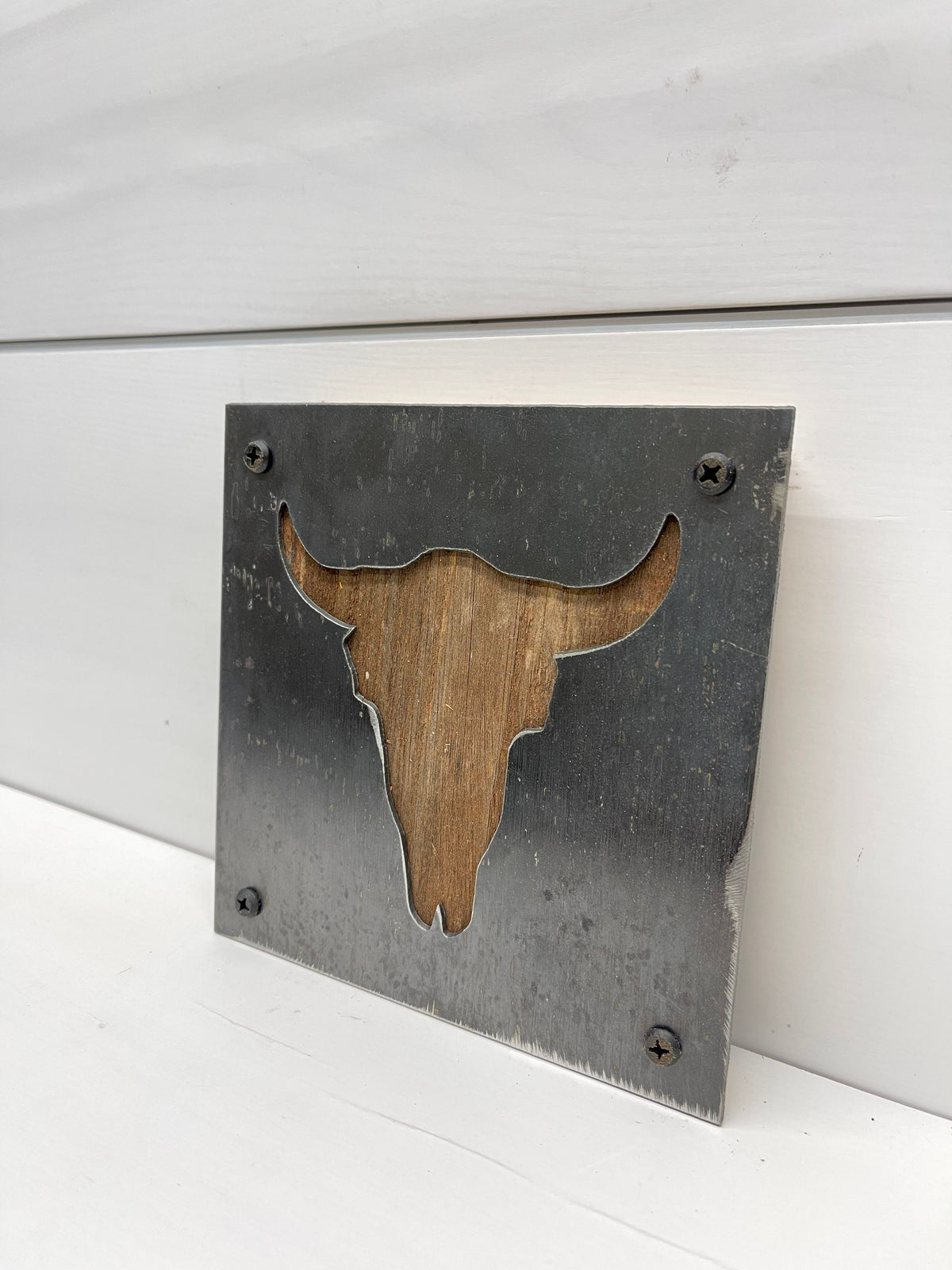 Steer Skull Metal Wall Art on Reclaimed Wood, Western Boho Decor, Cow Skull Sign