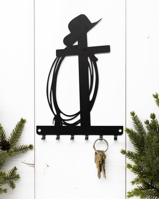 Western Cross Key Rack: Cowboy Hat & Rope, Rustic Home Decor