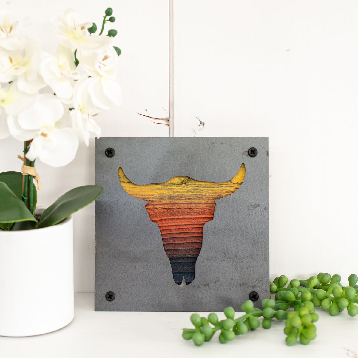 Steer Skull Metal Wall Art on Reclaimed Wood, Western Boho Decor, Cow Skull Sign