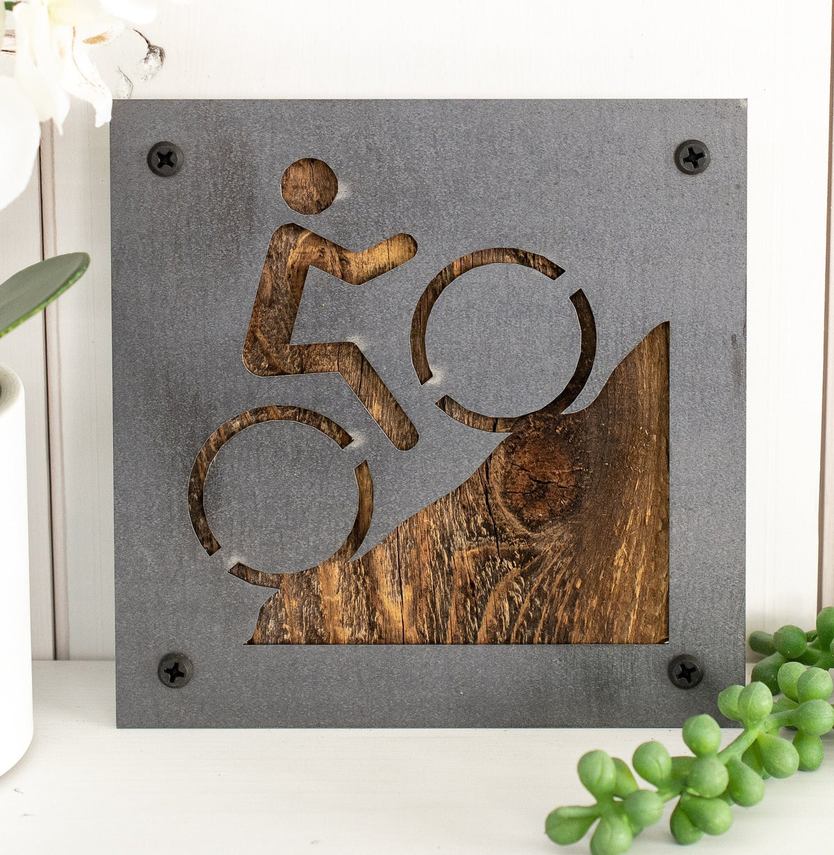 Mountain Bike Metal Wall Art on Reclaimed Wood, MTB Sign, Mountain Biker Gift