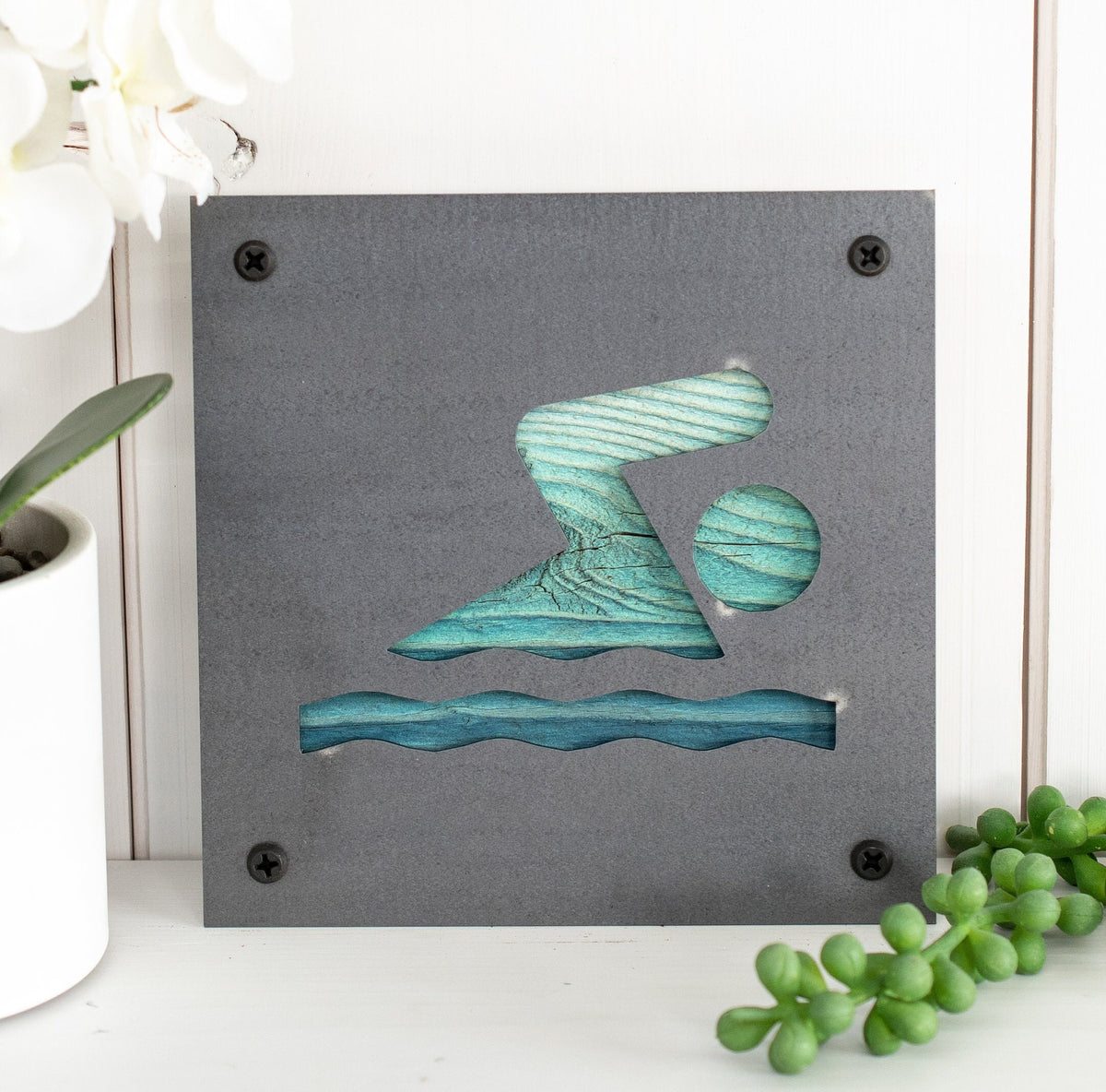 Swimmer Metal Wall Art on Reclaimed Wood, Swimming Sign, Swim Team Gift, 5.5 Inch Square Steel Sign, Swim Coach Gift, Pool House Decor