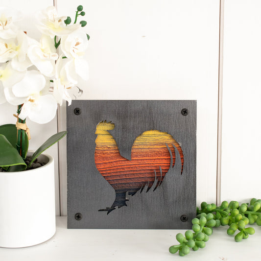 Rooster Metal Wall Art on Reclaimed Wood, Farmhouse Kitchen Decor, Chicken Sign
