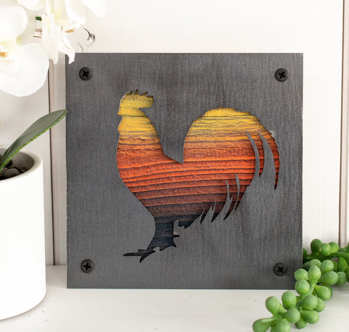 Rooster Metal Wall Art on Reclaimed Wood, Farmhouse Kitchen Decor, Chicken Sign