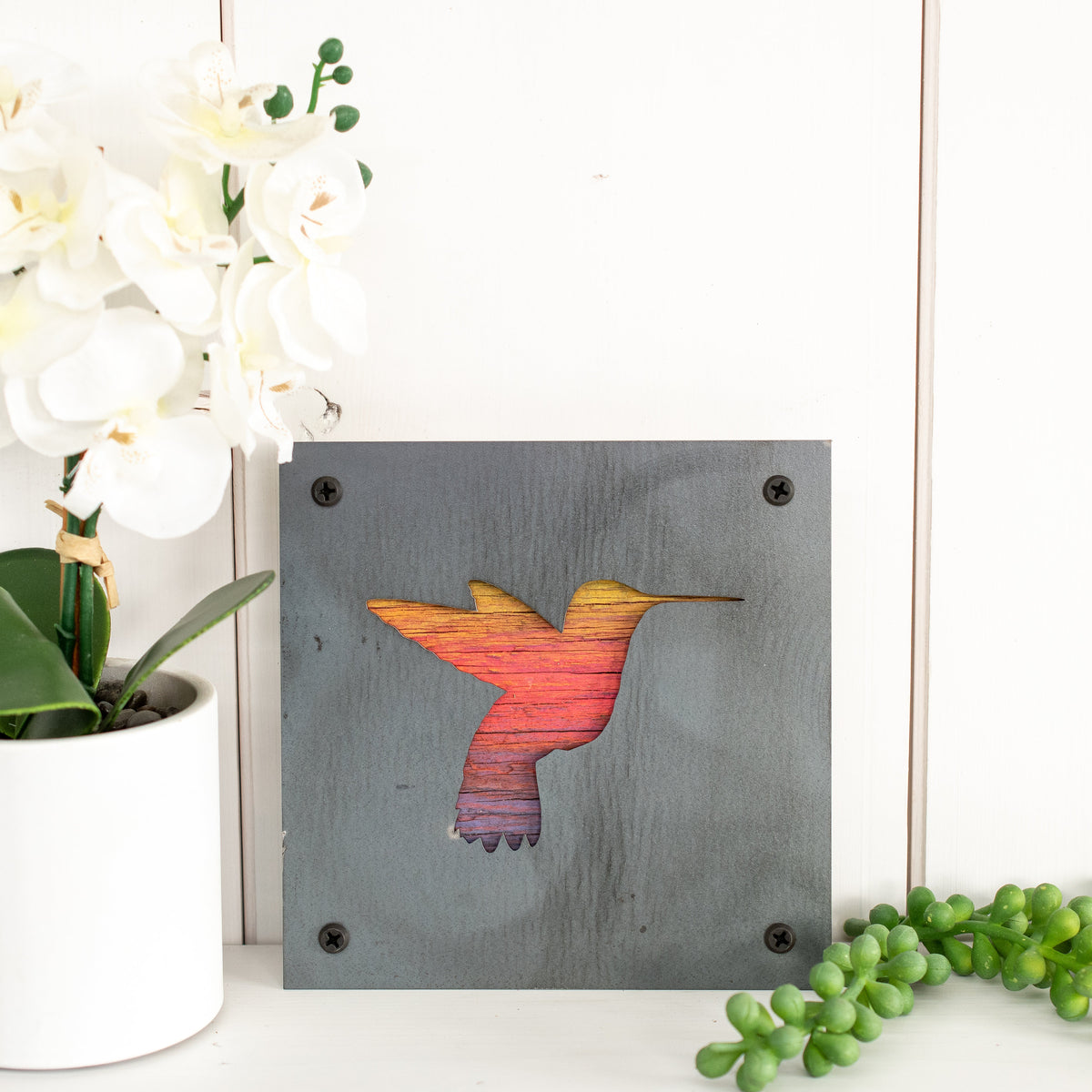 Hummingbird Metal Wall Art on Reclaimed Wood, Colorful Bird Decor, Gift for Mom