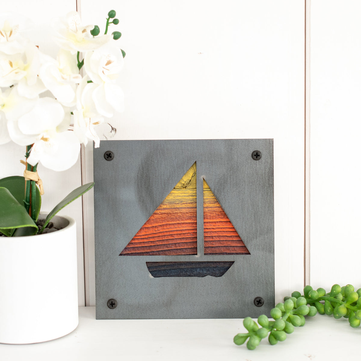 Sailboat Metal Wall Art on Reclaimed Wood, Nautical Lake House Decor, Sailor Gift, 5.5 Inch Square Steel Sign, Sailing Gift
