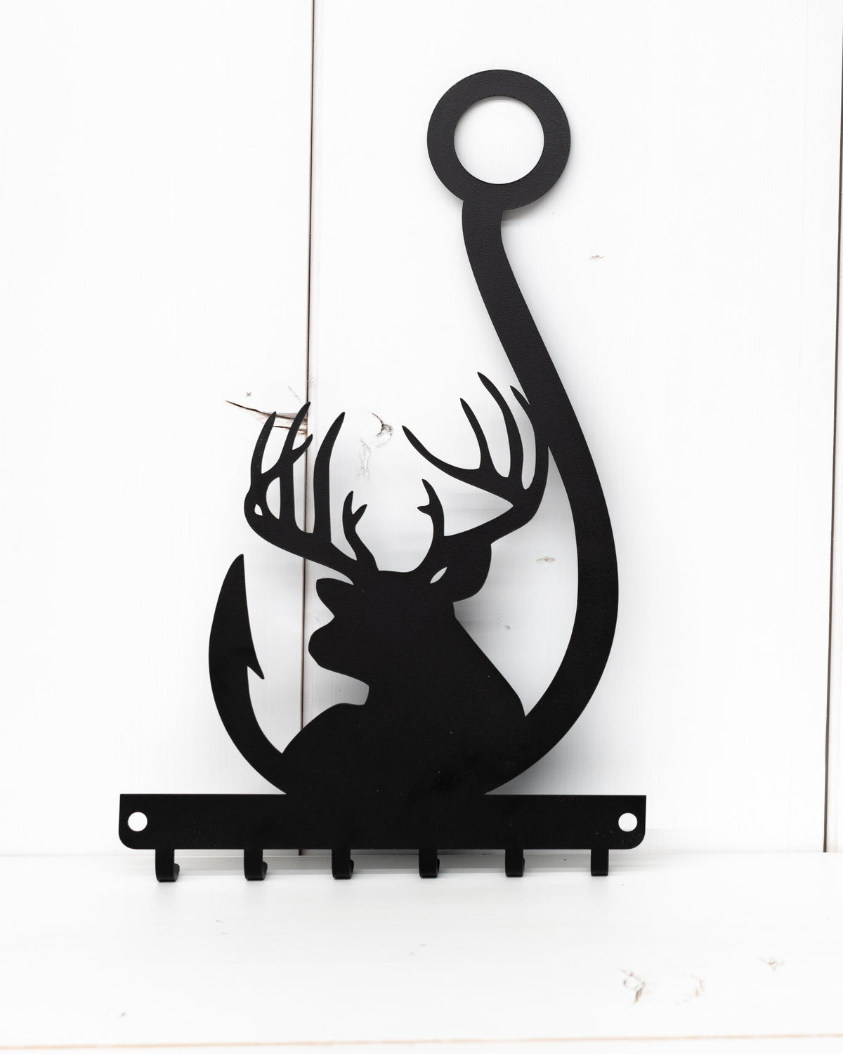 Rustic Buck & Fish Hook Key Rack - Eco-Friendly Steel Wall Organizer