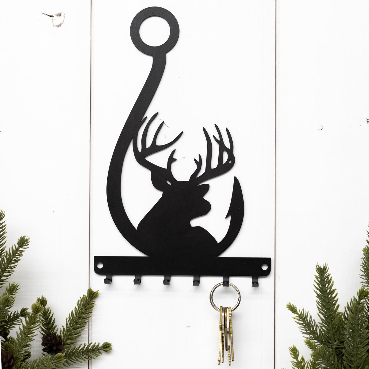 Rustic Buck & Fish Hook Key Rack - Eco-Friendly Steel Wall Organizer