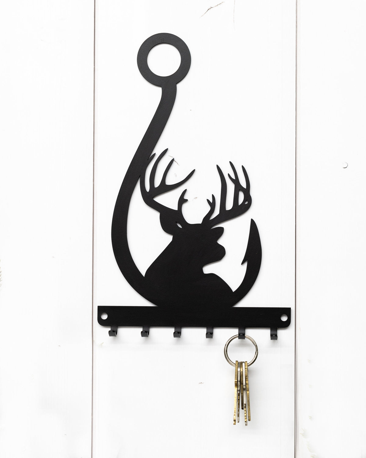 Rustic Buck & Fish Hook Key Rack - Eco-Friendly Steel Wall Organizer