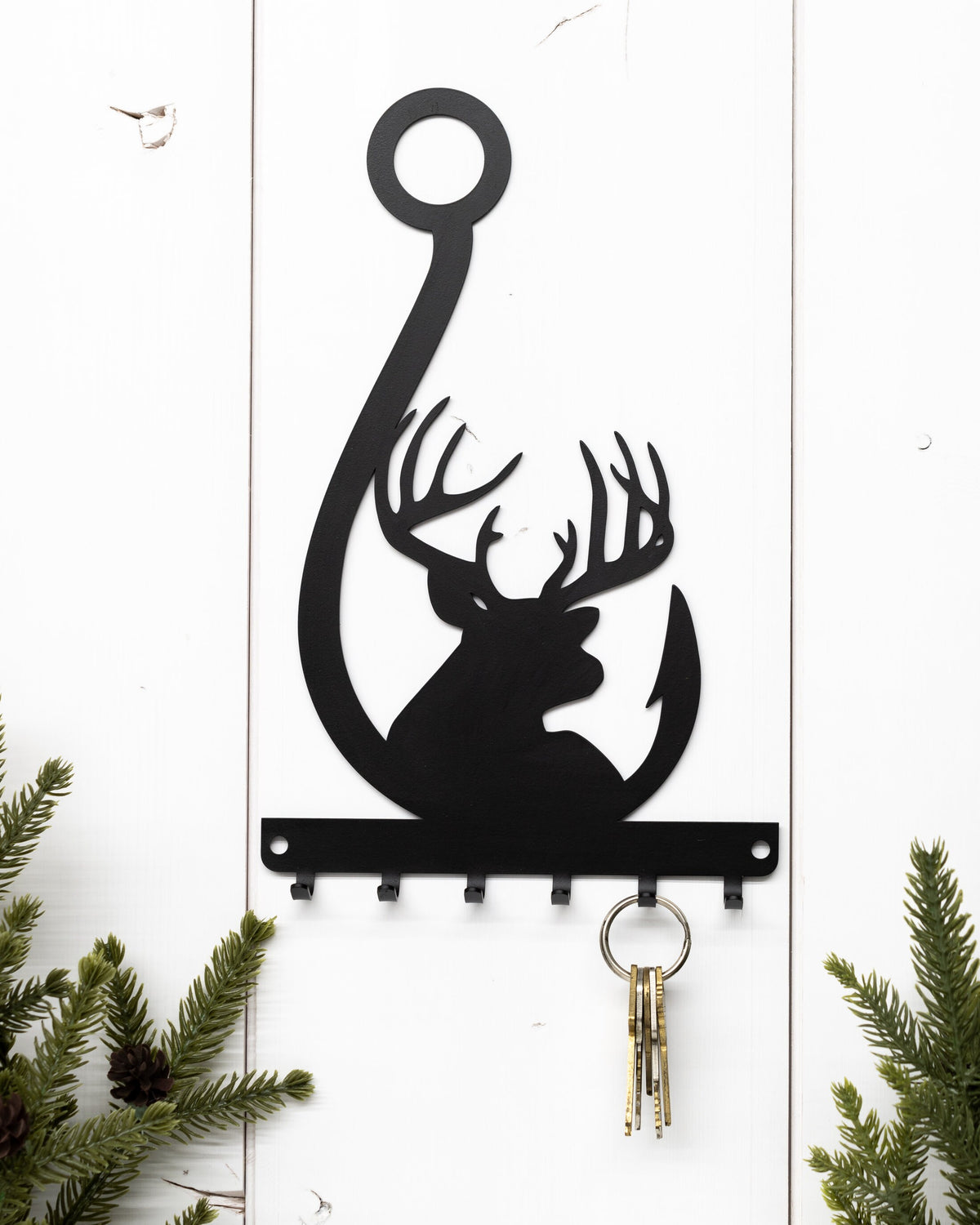 Rustic Buck & Fish Hook Key Rack - Eco-Friendly Steel Wall Organizer