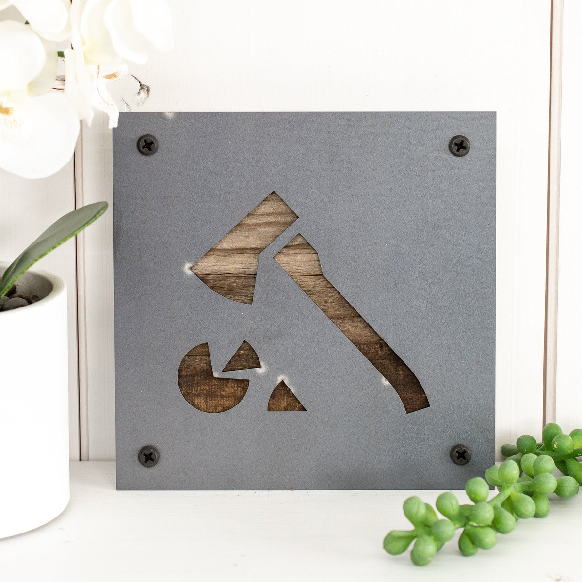 Axe and Firewood Metal Wall Art on Reclaimed Wood, Lumberjack Cabin Decor
