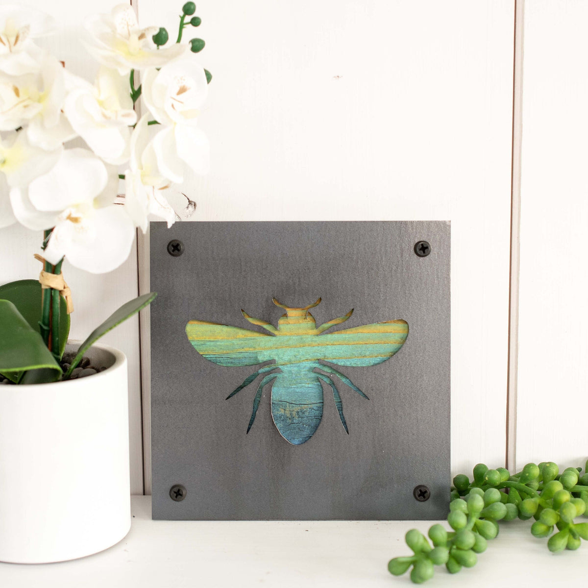 Honey Bee Metal Wall Art on Reclaimed Wood, Bee Kitchen Decor, Beekeeper Gift, 5.5 Inch Square Steel Sign, Bumble Bee Sign