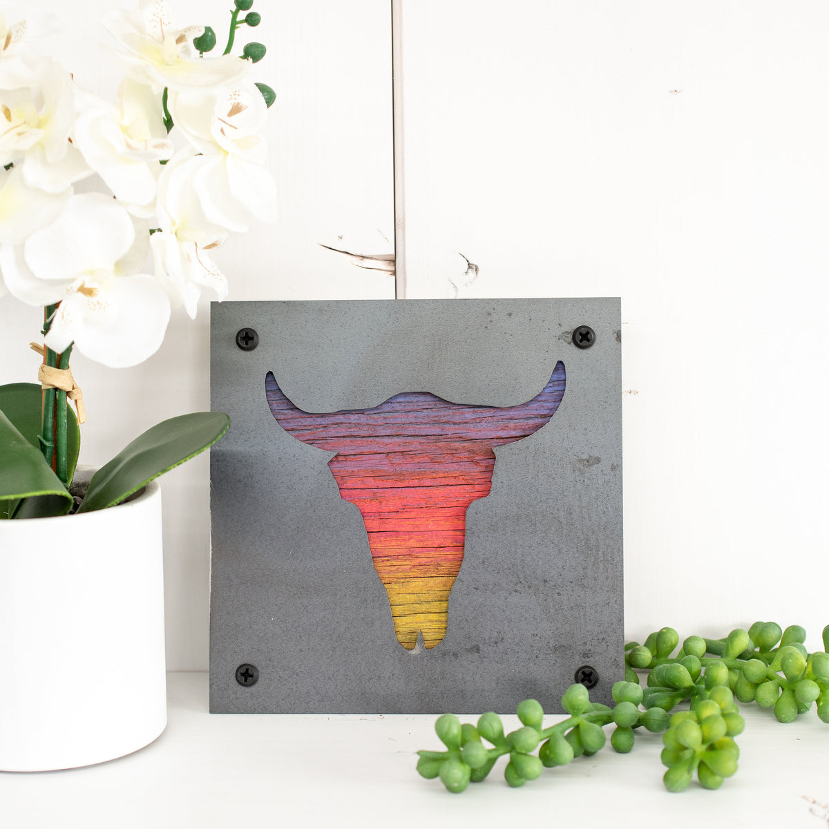 Steer Skull Metal Wall Art on Reclaimed Wood, Western Boho Decor, Cow Skull Sign