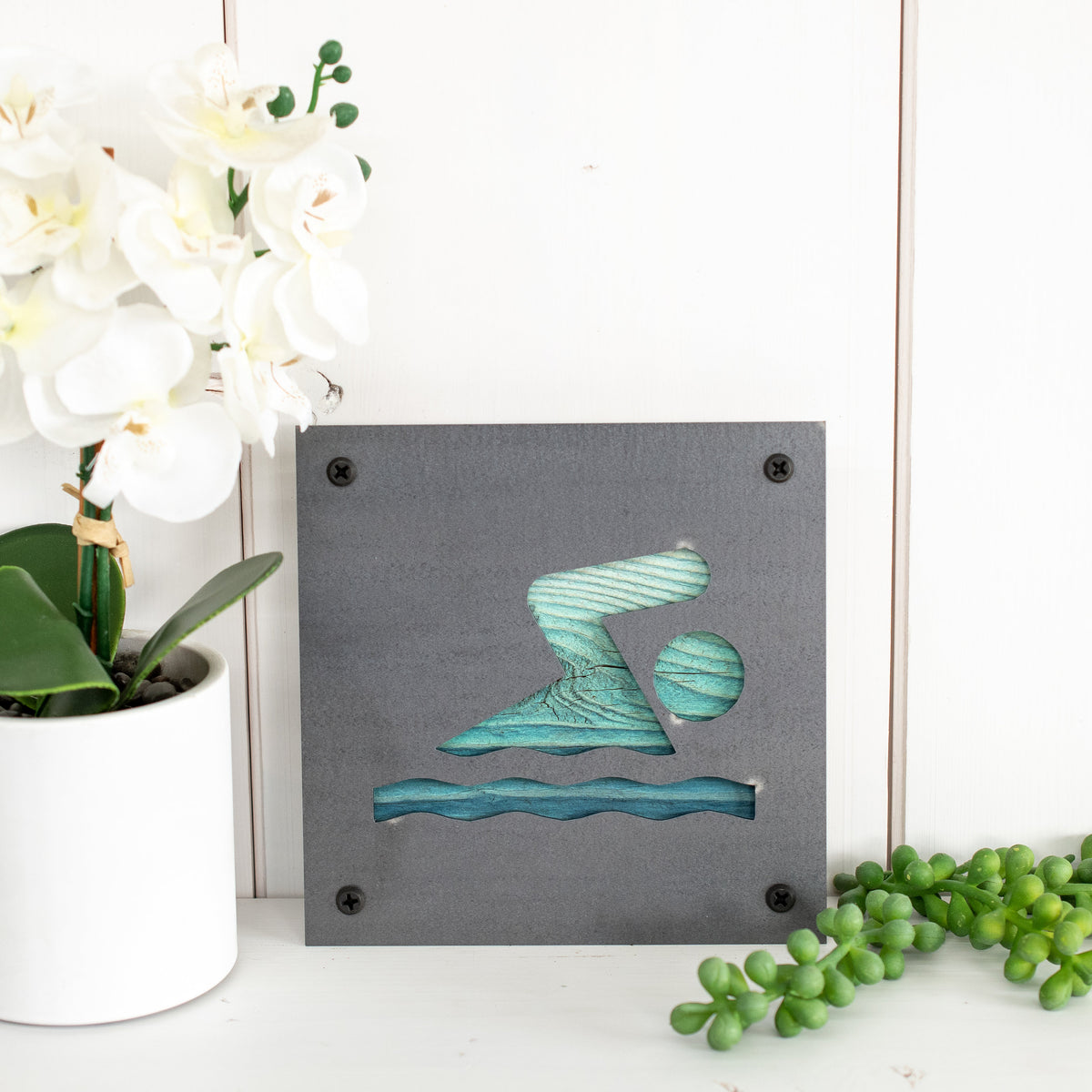 Swimmer Metal Wall Art on Reclaimed Wood, Swimming Sign, Swim Team Gift, 5.5 Inch Square Steel Sign, Swim Coach Gift, Pool House Decor