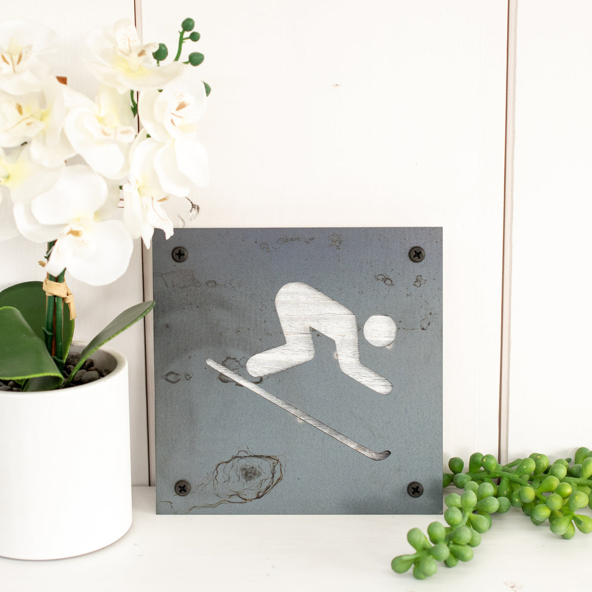 Downhill Skier Metal Wall Art on Reclaimed Wood, Ski Cabin Decor, Skier Gift, 5.5 Inch Square Steel Sign, Ski Lodge Decor