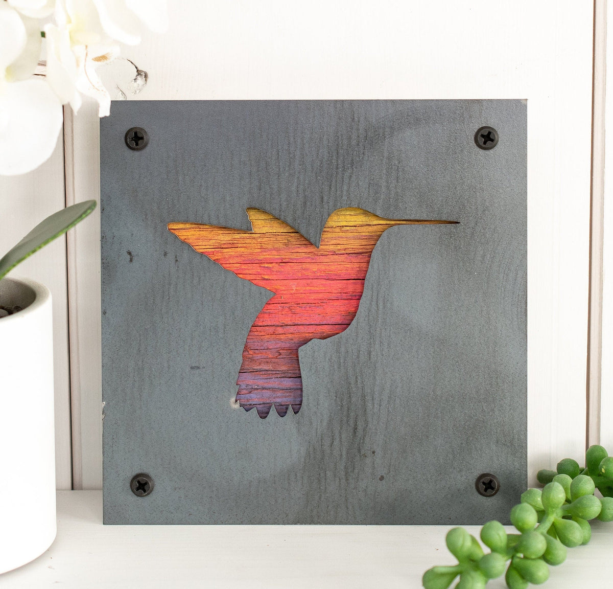 Hummingbird Metal Wall Art on Reclaimed Wood, Colorful Bird Decor, Gift for Mom