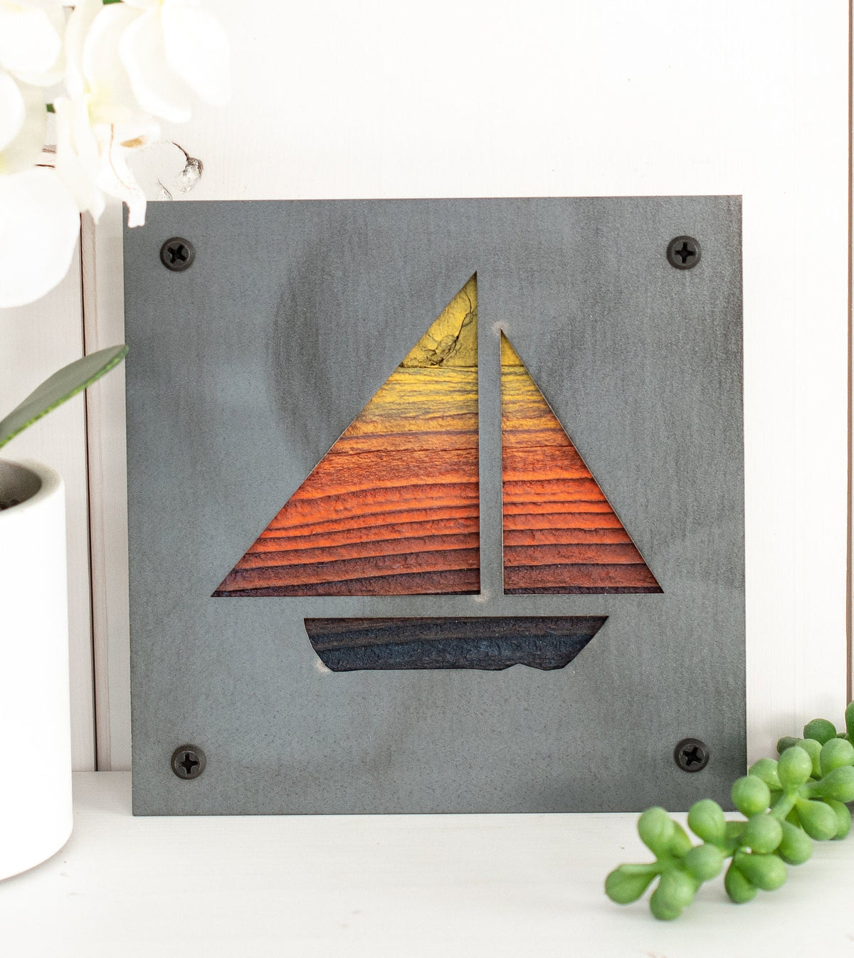 Sailboat Metal Wall Art on Reclaimed Wood, Nautical Lake House Decor, Sailor Gift, 5.5 Inch Square Steel Sign, Sailing Gift