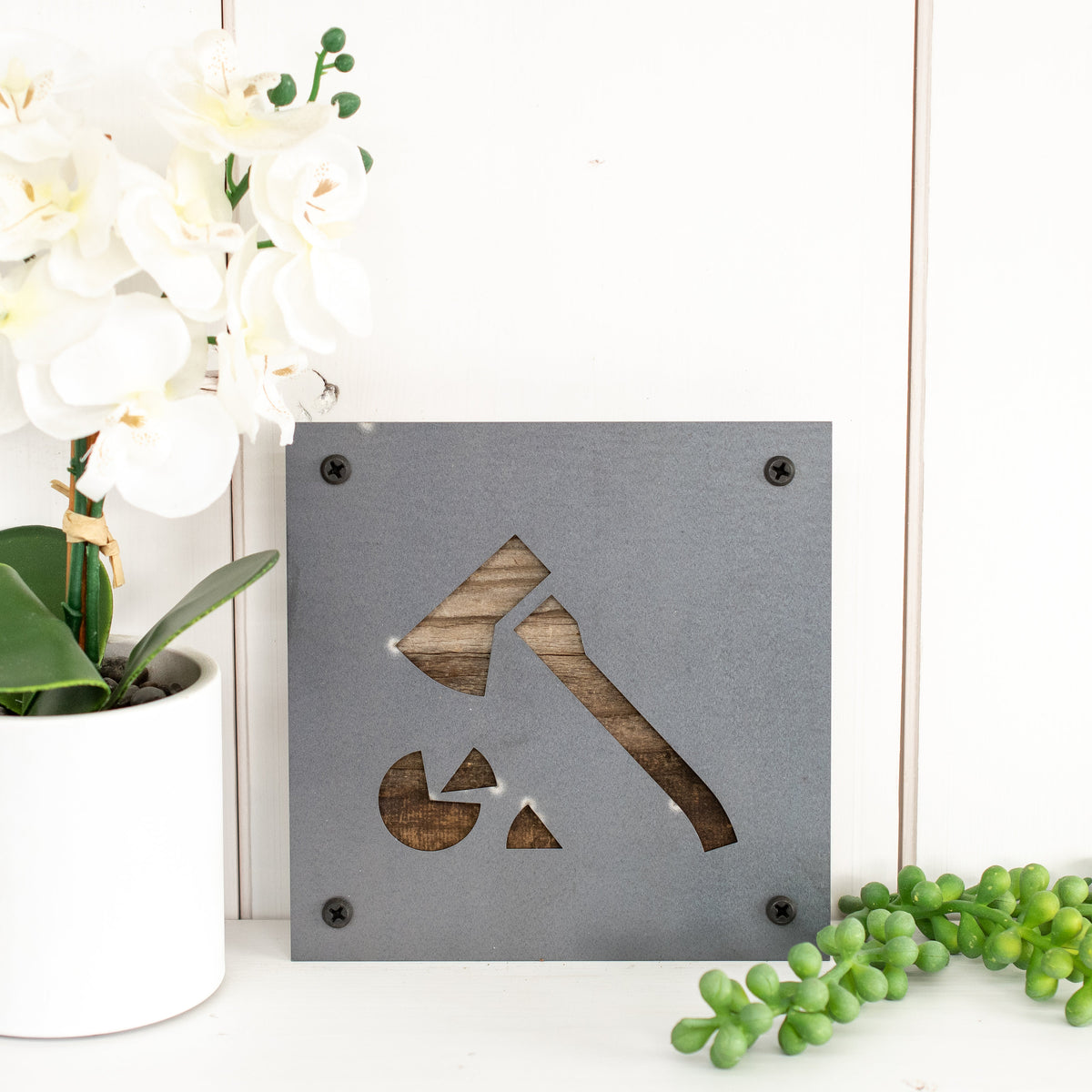Axe and Firewood Metal Wall Art on Reclaimed Wood, Lumberjack Cabin Decor