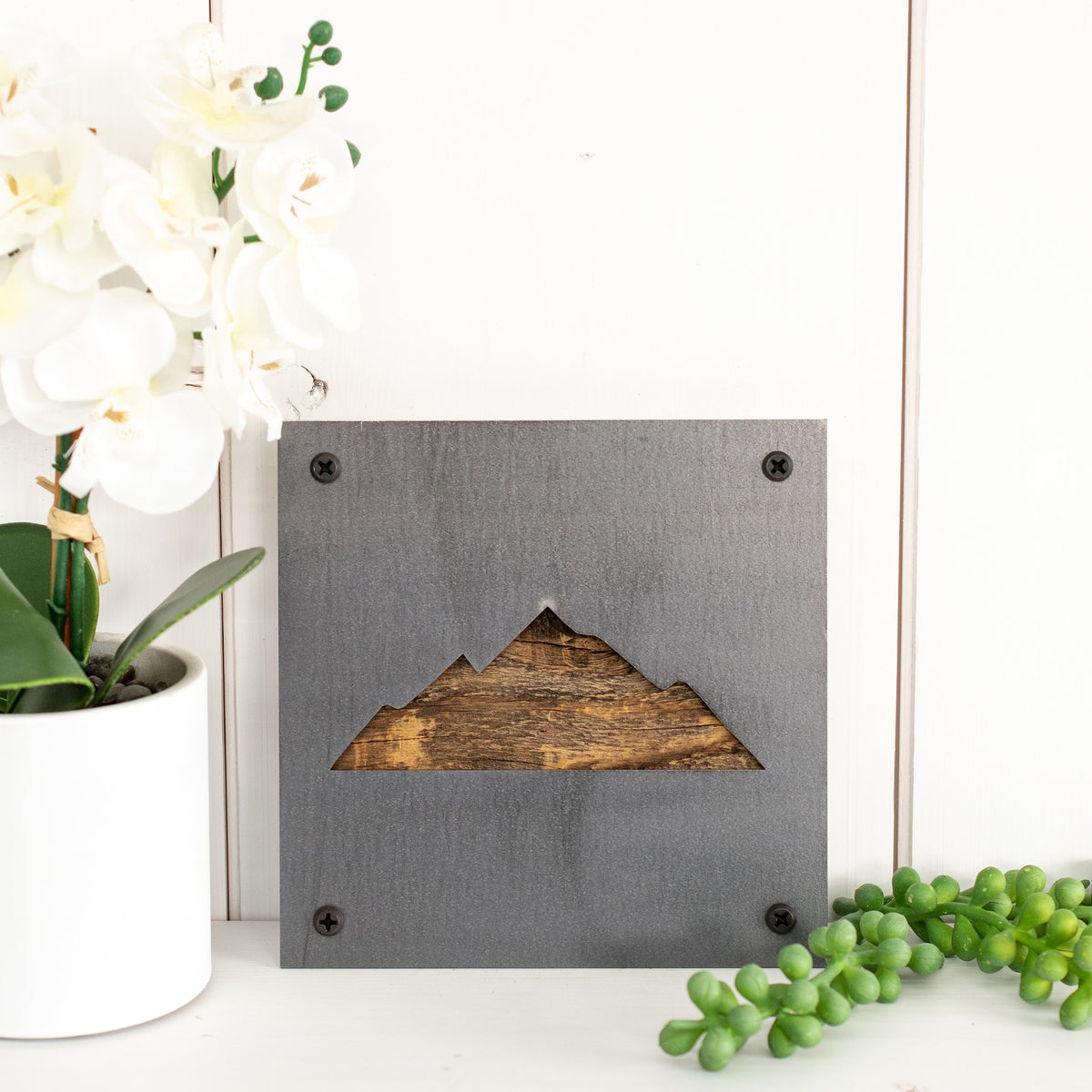 Mountain Range Metal Wall Art on Reclaimed Wood, Cabin Decor, Woodland Nursery, 5.5 Inch Square Steel Sign, Mountain Lover Gift