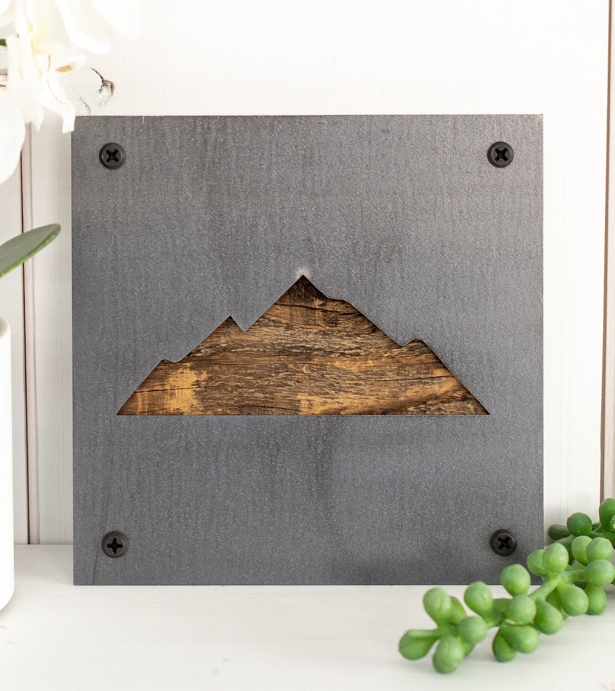 Mountain Range Metal Wall Art on Reclaimed Wood, Cabin Decor, Woodland Nursery, 5.5 Inch Square Steel Sign, Mountain Lover Gift