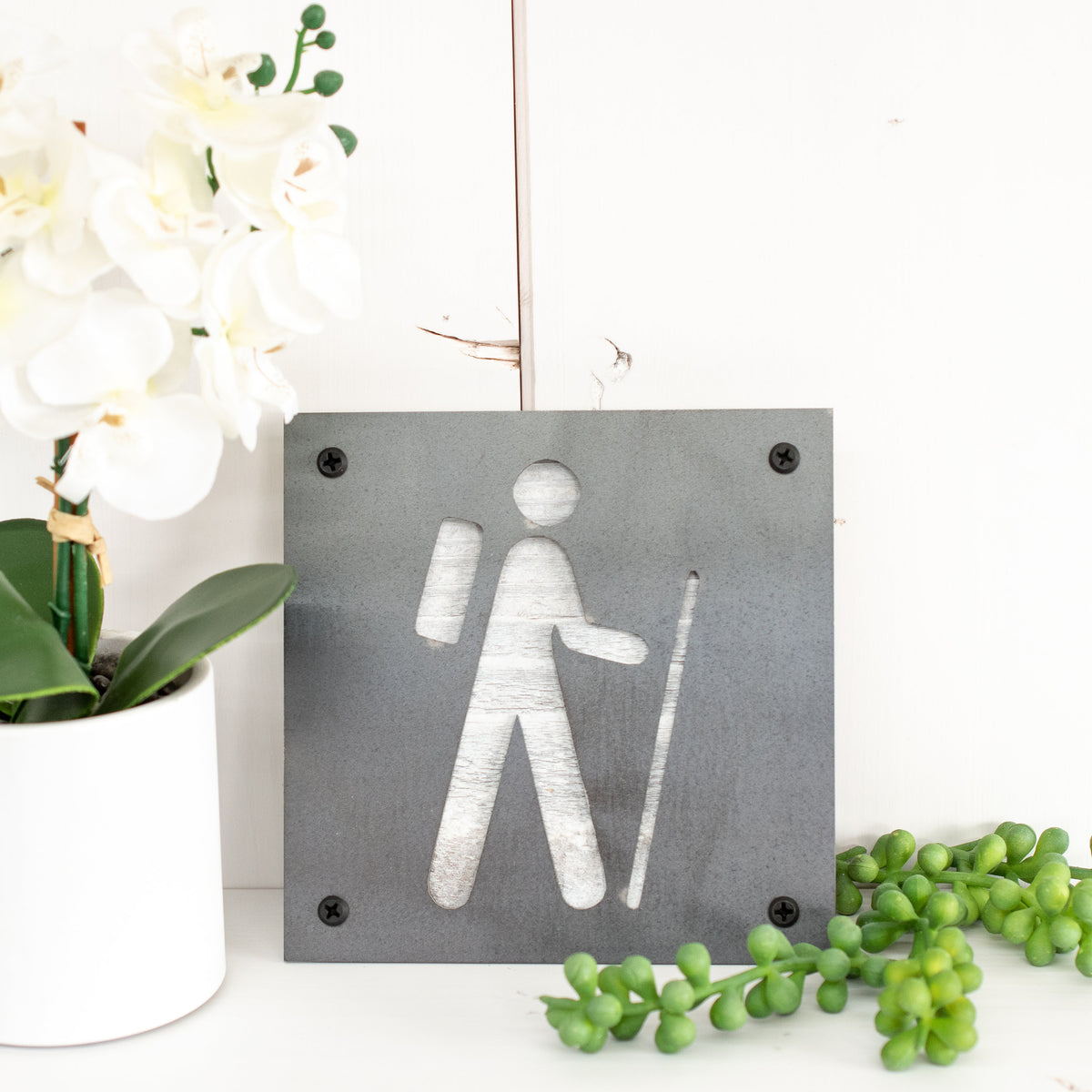 Hiker Metal Wall Art on Reclaimed Wood, Hiking Sign, Backpacker Gift, 5.5 Inch Square Steel Sign, Backpacking Gift, Trail Sign