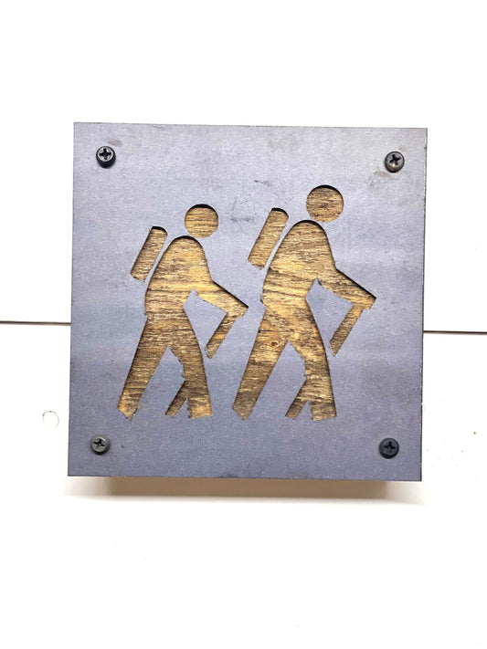Couple Hiking Metal Wall Art on Reclaimed Wood, Hiking Trail Sign, Hiker Gift