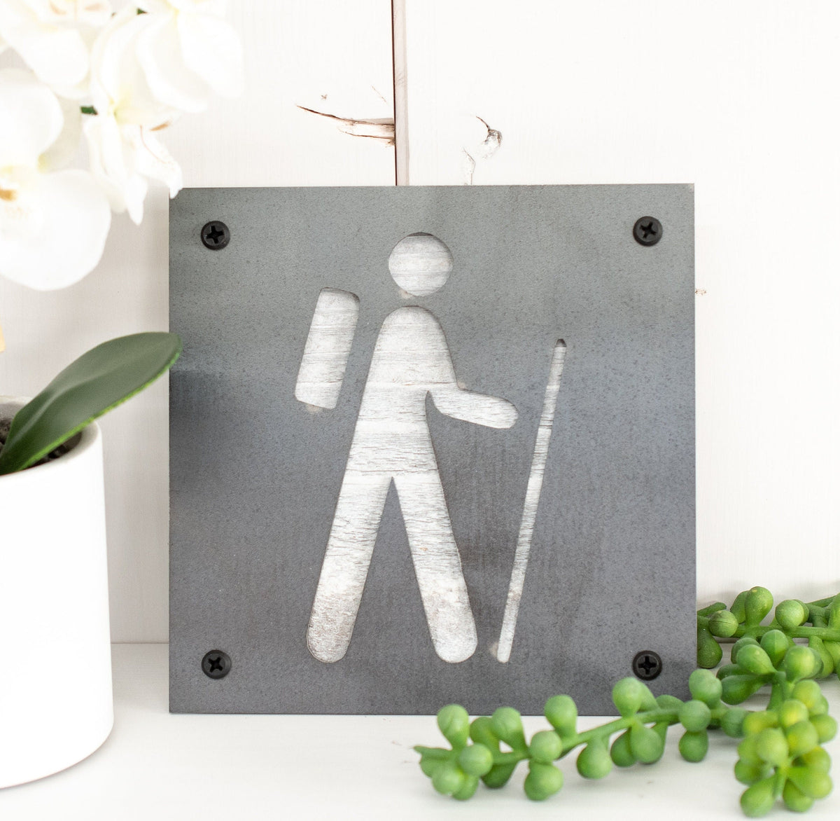 Hiker Metal Wall Art on Reclaimed Wood, Hiking Sign, Backpacker Gift, 5.5 Inch Square Steel Sign, Backpacking Gift, Trail Sign
