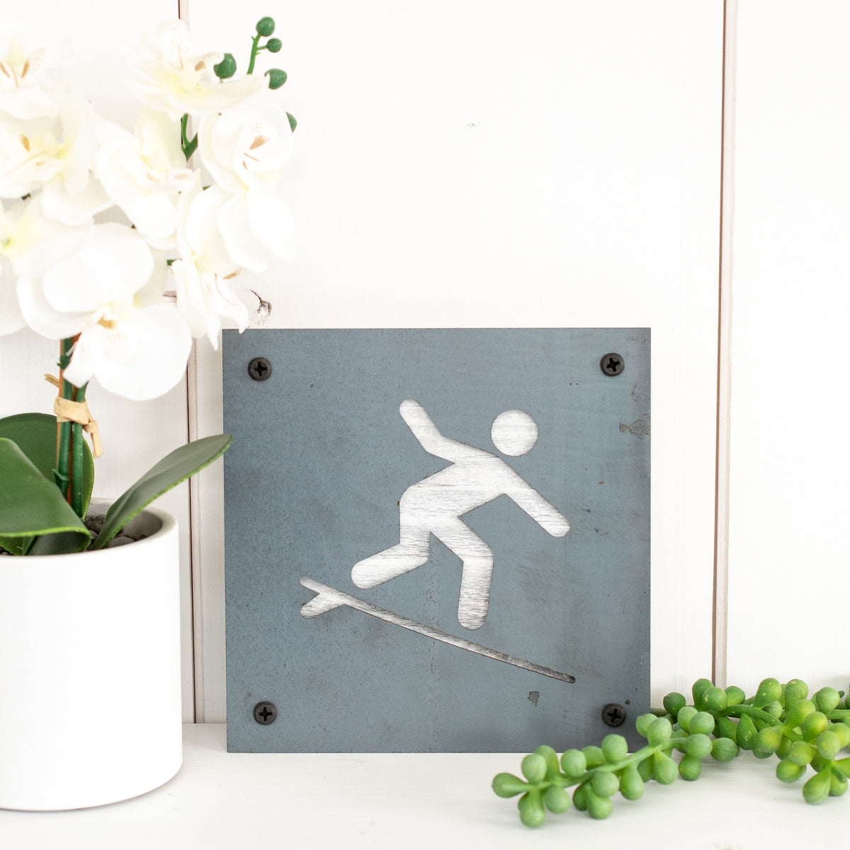 Surfer Metal Wall Art on Reclaimed Wood, Surf Sign, Beach House Decor