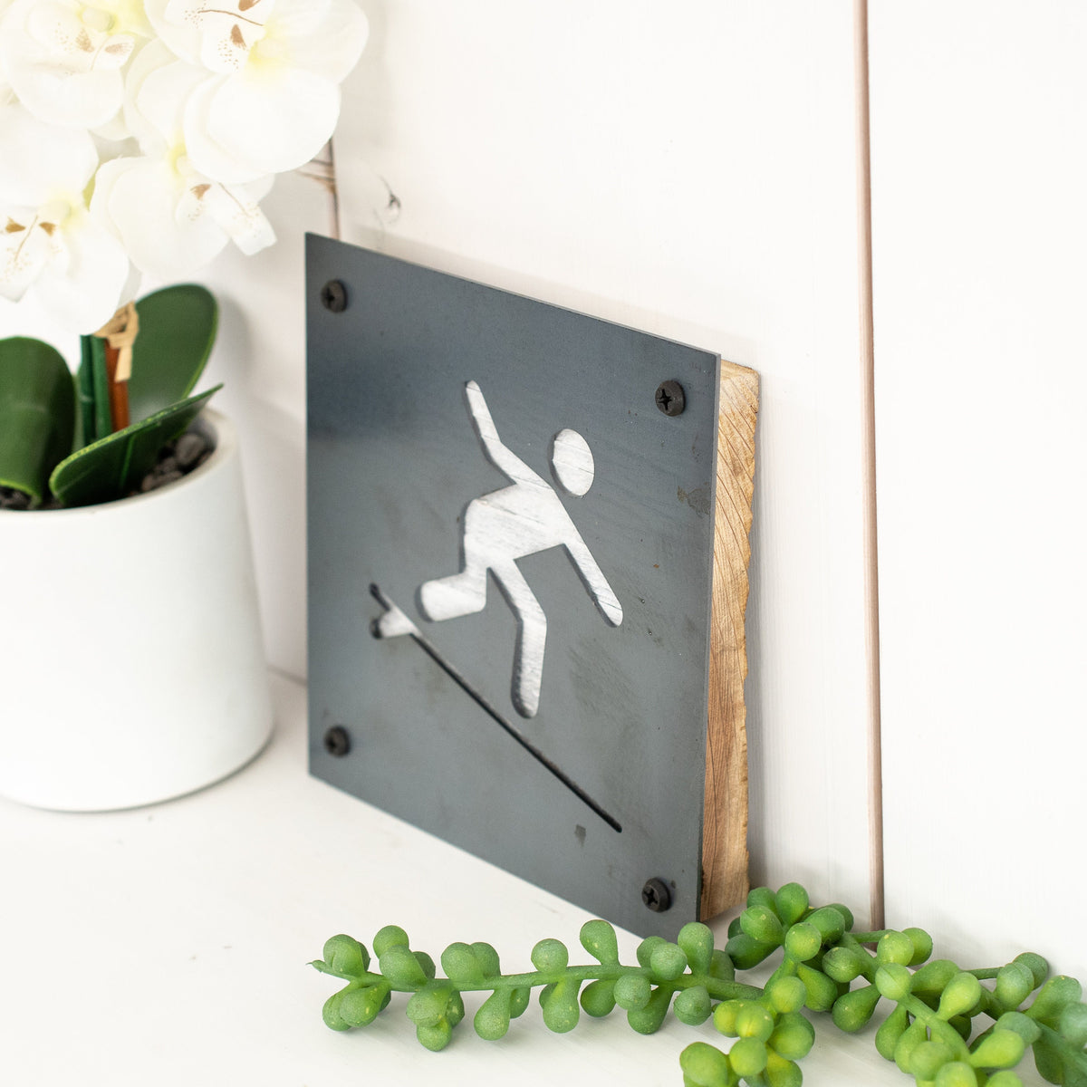 Surfboard Metal Wall Art on Reclaimed Wood, Beach House Decor, Surfer Gift, 5.5 Inch Square Steel Sign, Coastal Wall Art, Surf Lover Gift