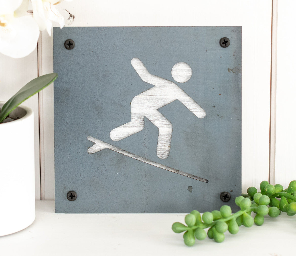Surfer Metal Wall Art on Reclaimed Wood, Surf Sign, Beach House Decor