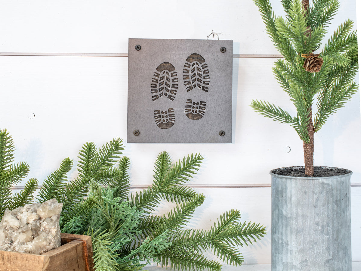 Hiking Boots Metal Wall Art on Reclaimed Wood, Trail Sign, Hiker Gift, 5.5 Inch Square Steel Sign, Hiking Decor, Backpacker Gift