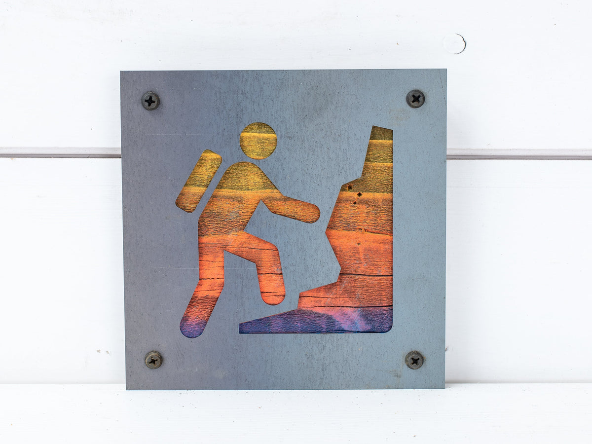 Mountain Climber Metal Wall Art on Reclaimed Wood, Mountaineering Sign, Climber Gift, 5.5 Inch Square Steel Sign, Hiking