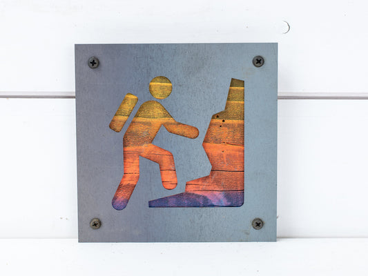 Mountain Climber Metal Wall Art on Reclaimed Wood, Mountaineering Sign, Climber Gift, 5.5 Inch Square Steel Sign, Hiking
