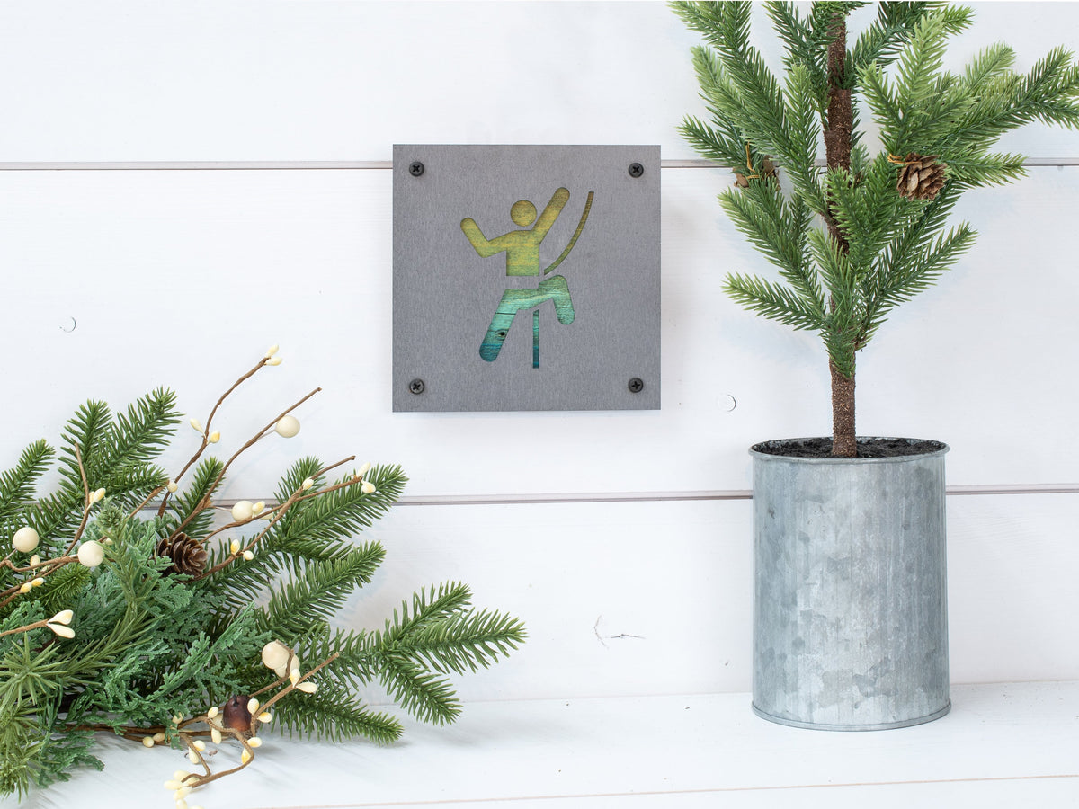Rock Climber Metal Wall Art on Reclaimed Wood, Climbing Sign, Climber Gift, 5.5 Inch Square Steel Sign, Climbing Decor, Bouldering Gift