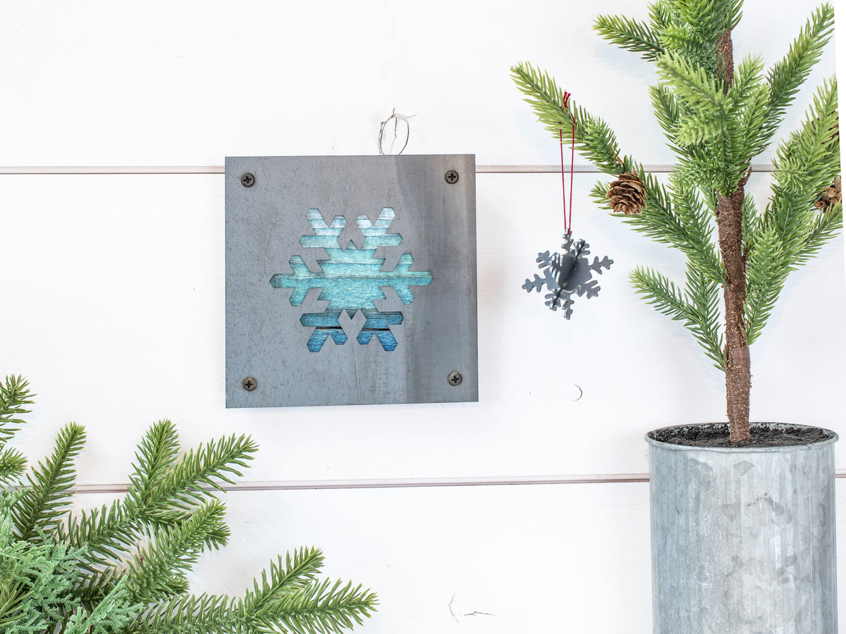 Snowflake Metal Wall Art on Reclaimed Wood, Winter Cabin Decor, Christmas Sign