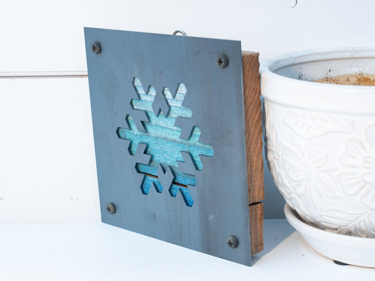 Snowflake Metal Wall Art on Reclaimed Wood, Winter Cabin Decor, Christmas Sign