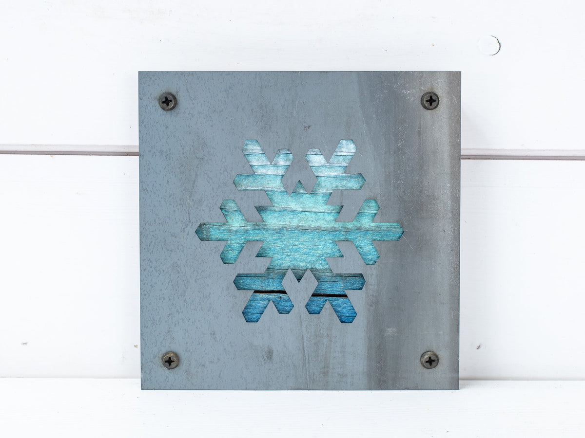 Snowflake Metal Wall Art on Reclaimed Wood, Winter Cabin Decor, Christmas Sign