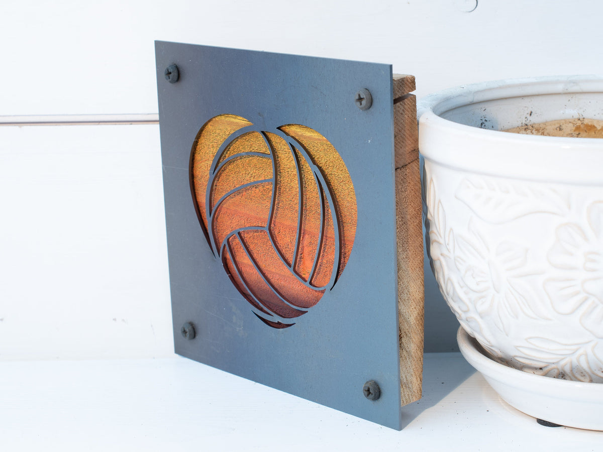 Volleyball Heart Metal Wall Art on Reclaimed Wood, Volleyball Gift, Team Gift, 5.5 Inch Square Steel Sign, Volleyball Decor