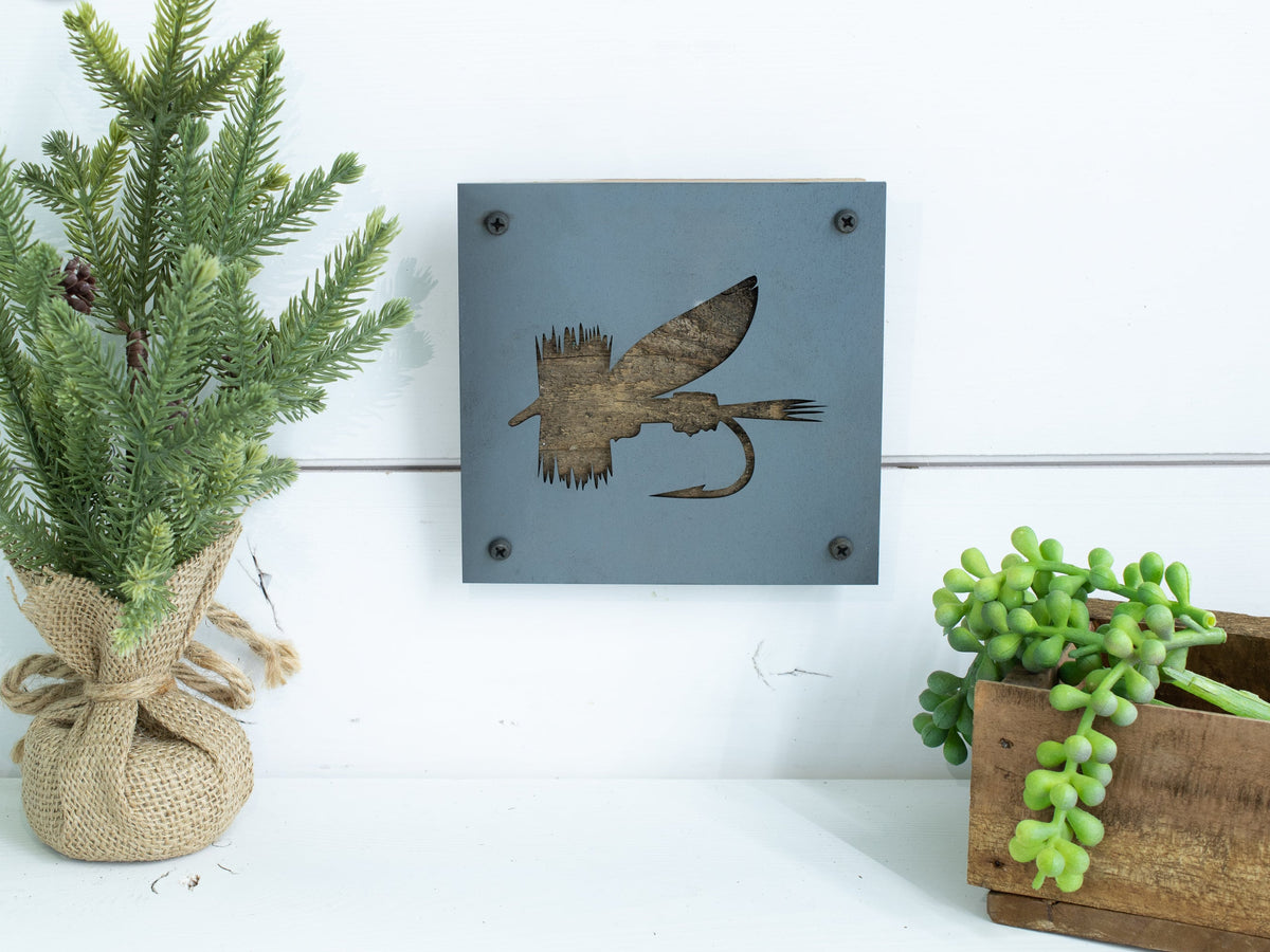 Fly Fishing Fly Metal Wall Art on Reclaimed Wood, Fly Tying Sign, Angler Gift
