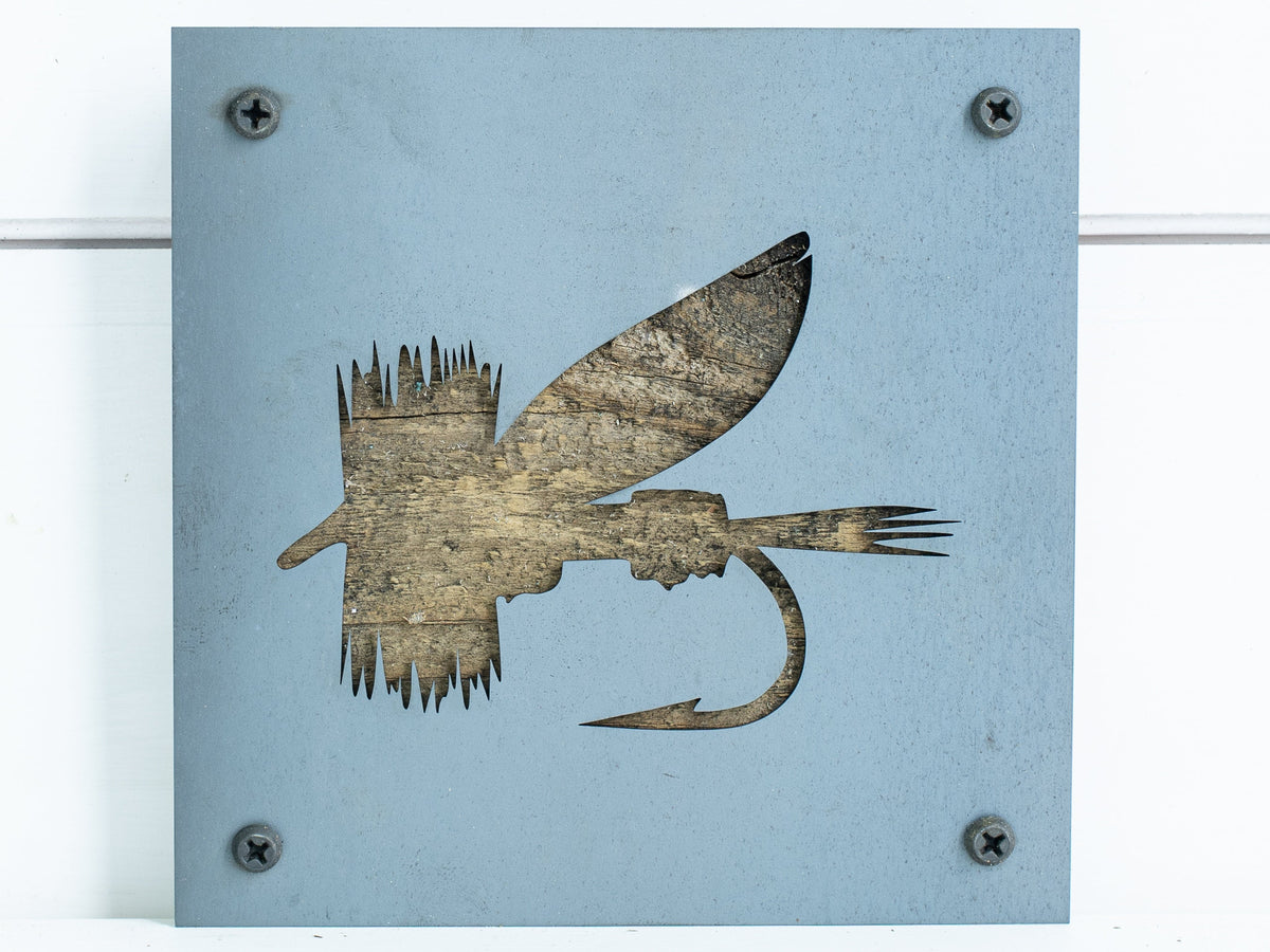 Fly Fishing Fly Metal Wall Art on Reclaimed Wood, Fly Tying Sign, Angler Gift