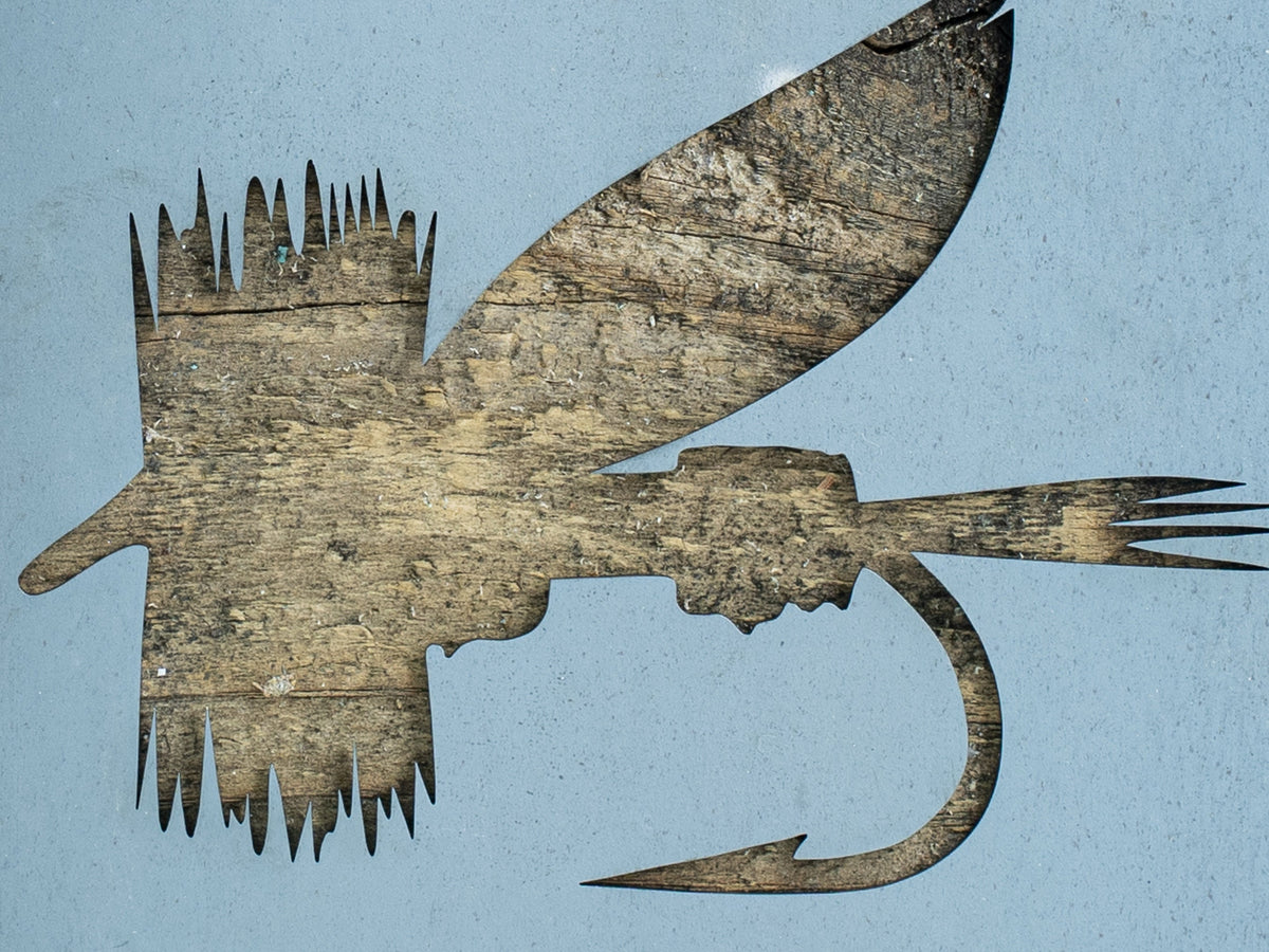 Fly Fishing Fly Metal Wall Art on Reclaimed Wood, Fly Tying Sign, Angler Gift