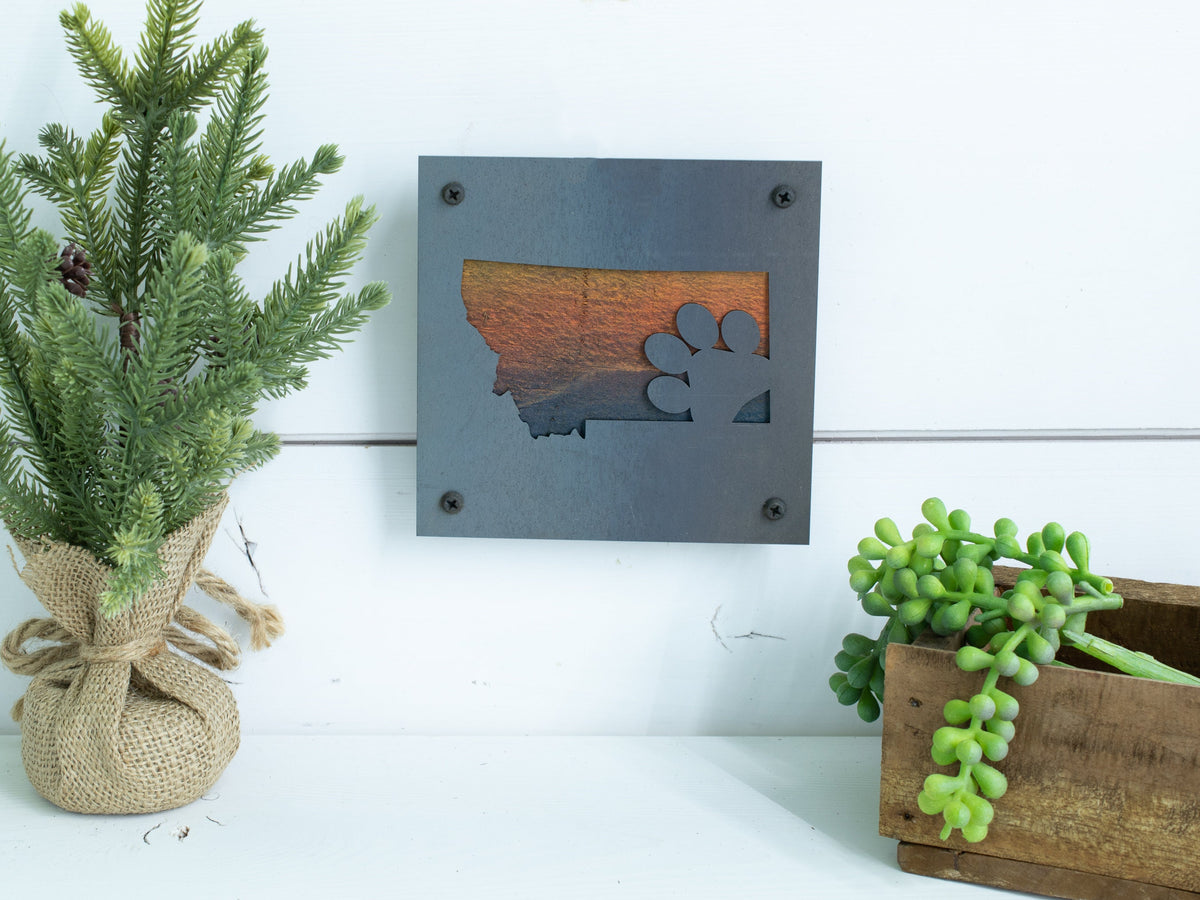 Montana Paw Print Metal Wall Art on Reclaimed Wood, Dog Lover Gift, Pet Sign