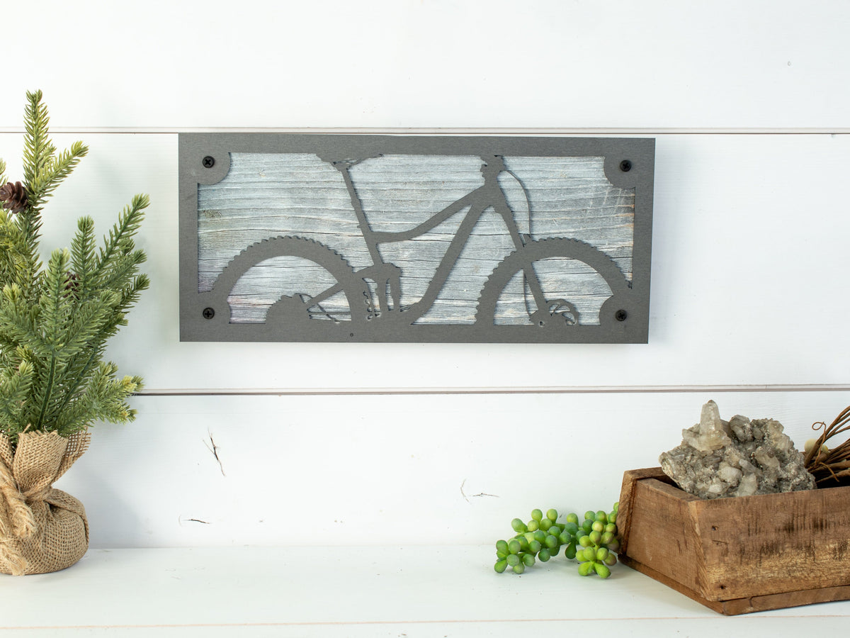 Mountain Biker Metal Wall Art on Reclaimed Wood, 12.5 Inch MTB Sign, Cyclist Gift