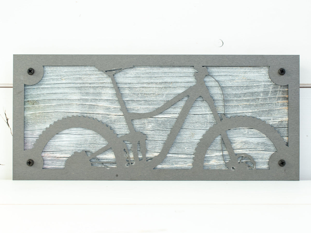 Mountain Bike Trail Metal Wall Art on Reclaimed Wood, Garage Decor, Biker Gift, 12.5 Inch Wide Steel Sign, Cyclist Gift, Mtb Decor
