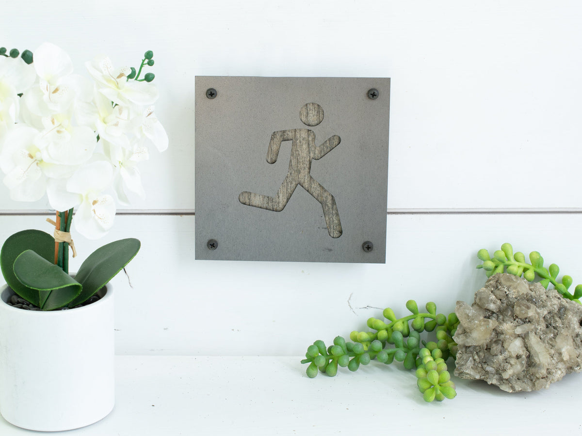 Runner Metal Wall Art on Reclaimed Wood, Running Sign, Marathon Runner Gift, 5.5 Inch Square Steel Sign, Running Decor, Home Gym Decor
