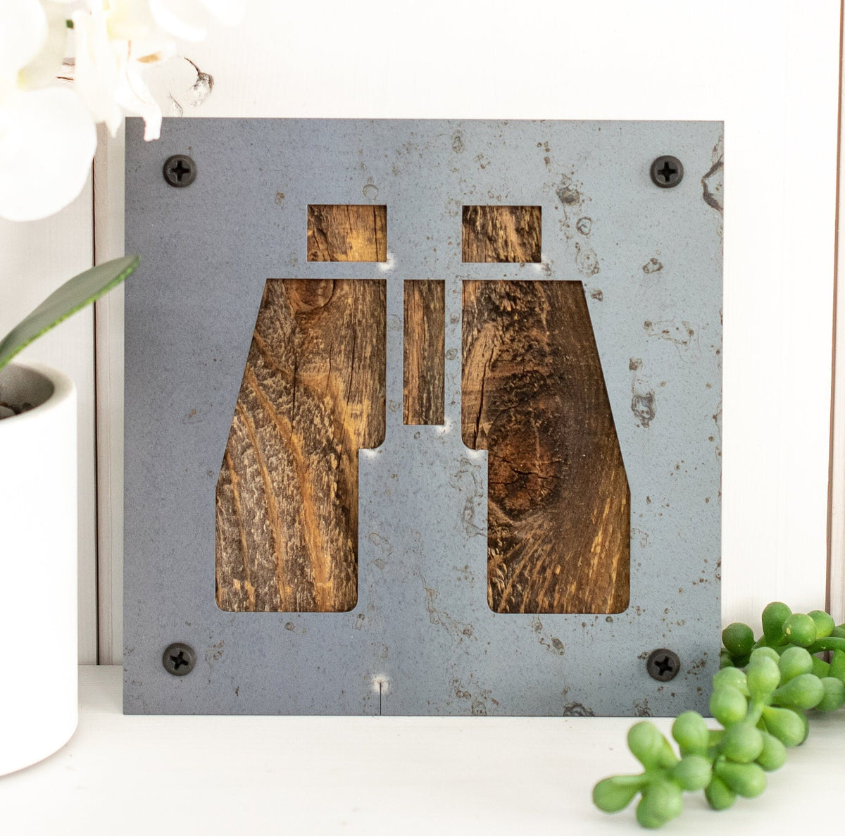 Binoculars Metal Wall Art on Reclaimed Wood, Bird Watching Sign, Birder Gift, 5.5 Inch Square Steel Sign, Birdwatcher Gift, Birding Decor