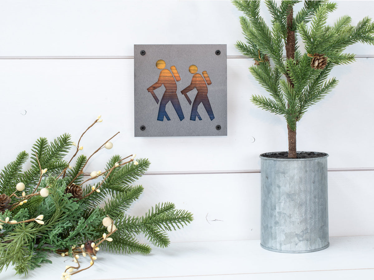 Hiking Couple Metal Wall Art on Reclaimed Wood, Trail Sign, Hiker Anniversary Gift, 5.5 Inch Square Steel Sign, Housewarming Gift