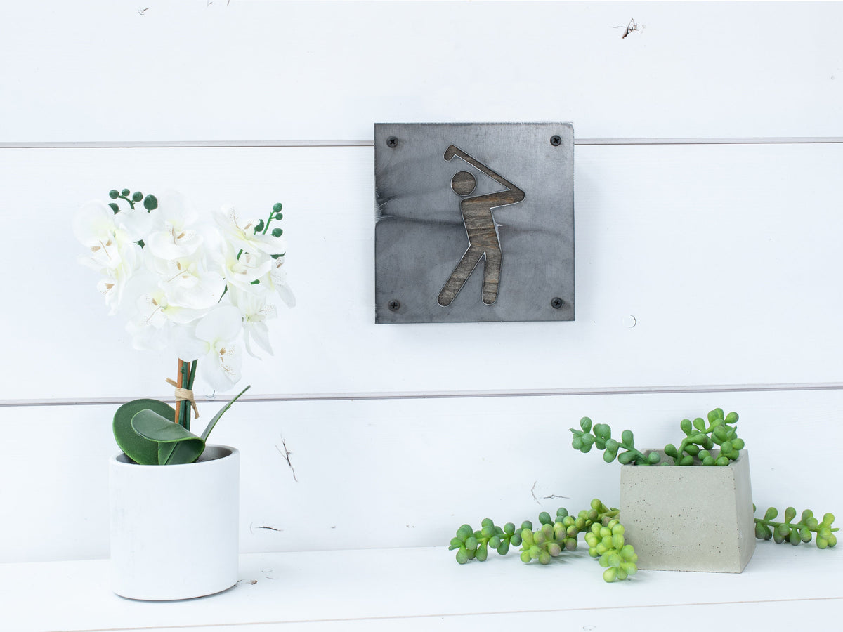 Golfer Metal Wall Art on Reclaimed Wood, Golf Sign, Golf Gift for Dad, 5.5 Inch Square Steel Sign, Housewarming Gift